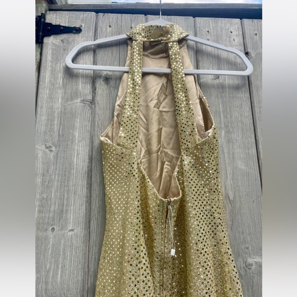 Vintage Y2K Roberta Gold Metallic Sequins Halter Maxi Dress - Picture 4 of 7